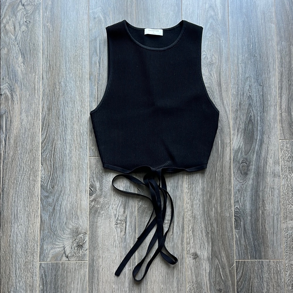 Aritzia Babaton Sculpt Knit Black High Neck Tie Tank Top - Picture 3 of 6